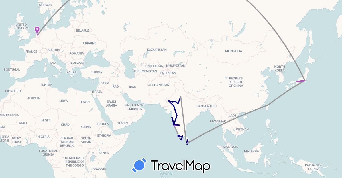 TravelMap itinerary: driving, plane, train in China, India, Japan, Sri Lanka, Netherlands, Taiwan (Asia, Europe)